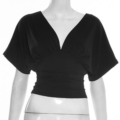 Womens Deep V-Neck Batwing Sleeve Crop Top