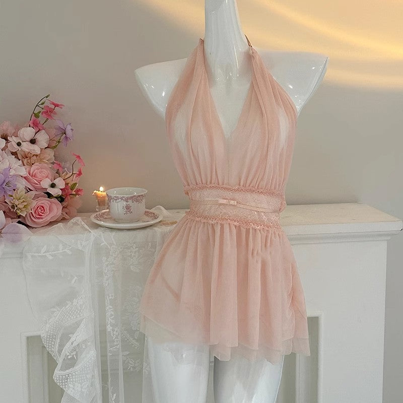 Womens Deep V-Neck Mesh Pajamas