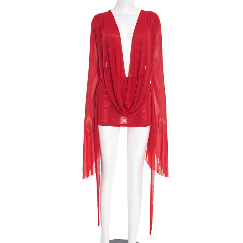 Womens Deep V-Neck Mesh Resort Dress