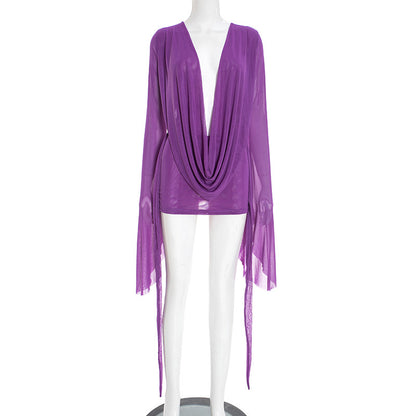Womens Deep V-Neck Mesh Resort Dress