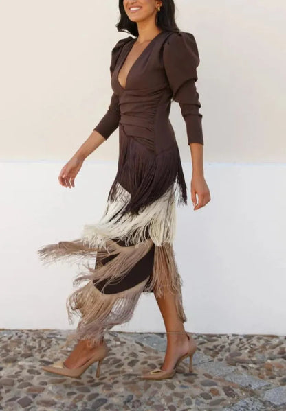Womens Deep V-neck Tassel Long Dress