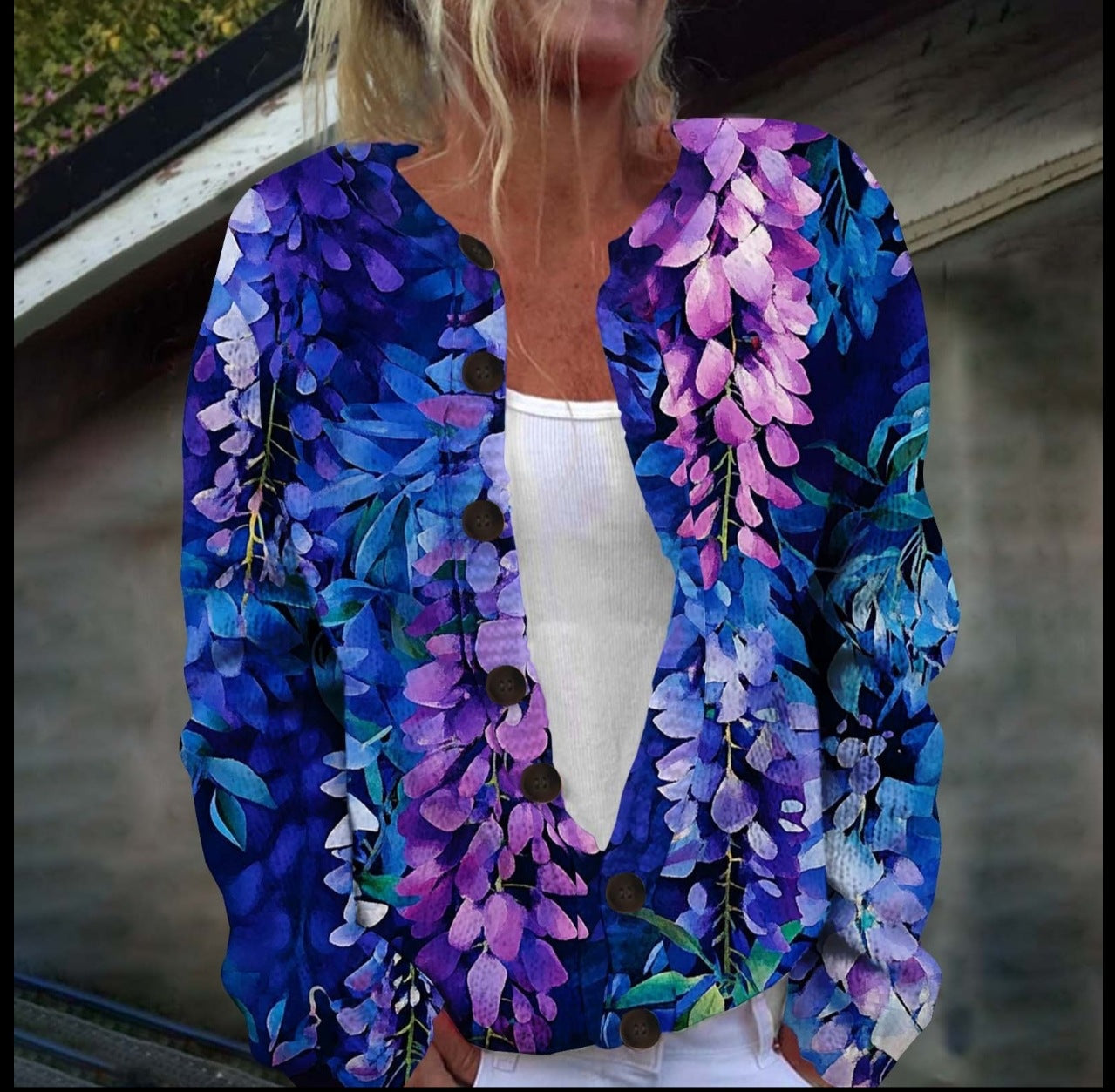 Womens Digital Print Long Sleeve Cardigan Sweater