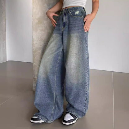 Womens Distressed Wide Leg Denim Trousers