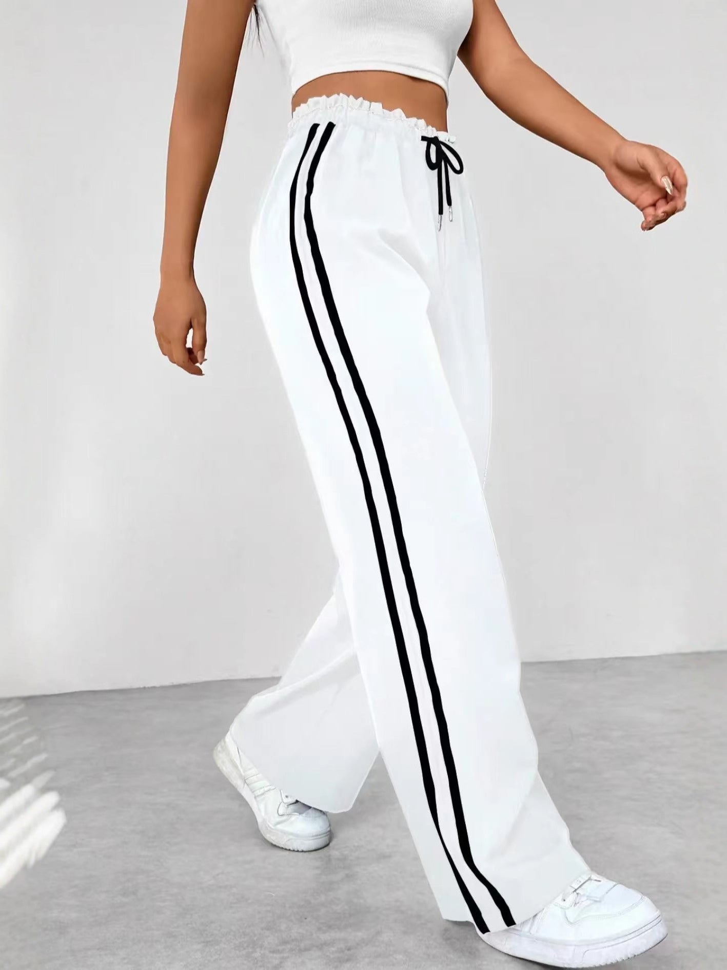 Womens Drawstring High Waist Wide Leg Pants