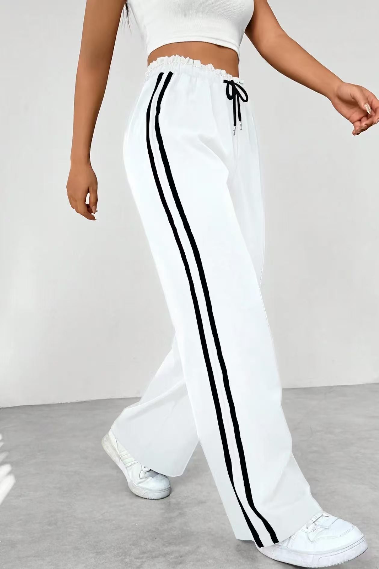 Womens Drawstring High Waist Wide Leg Pants