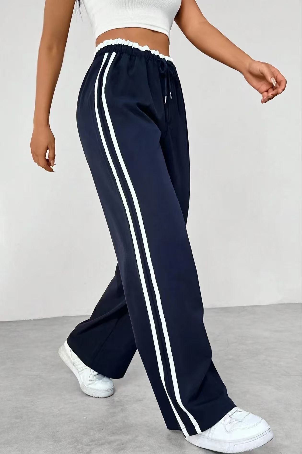 Womens Drawstring High Waist Wide Leg Pants