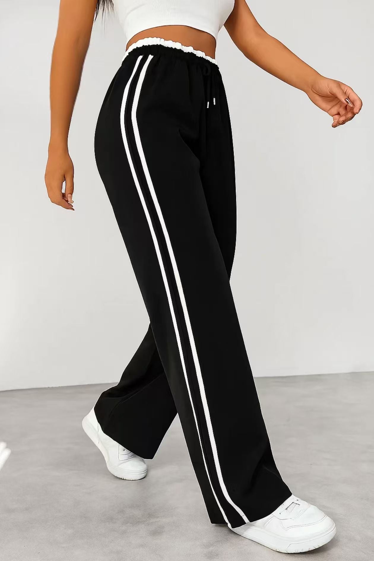 Womens Drawstring High Waist Wide Leg Pants