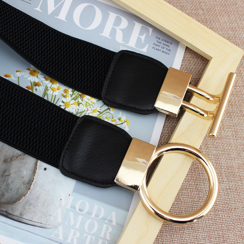 Womens Elastic Waist Belt with Golden Buckle