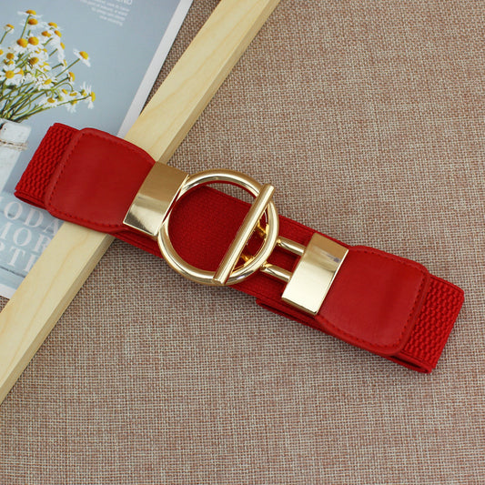 Womens Elastic Waist Belt with Golden Buckle