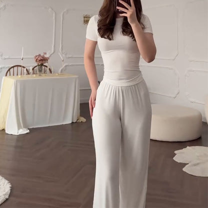 Womens Elastic Waist Wide-Leg Pants Set