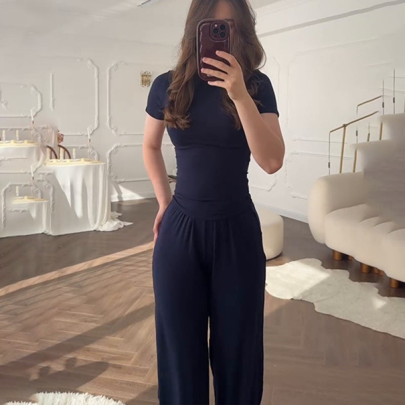 Womens Elastic Waist Wide-Leg Pants Set