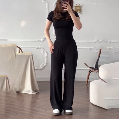 Womens Elastic Waist Wide-Leg Pants Set