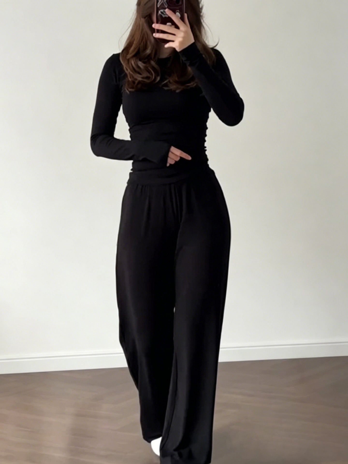 Womens Elastic Waist Wide-Leg Pants Set