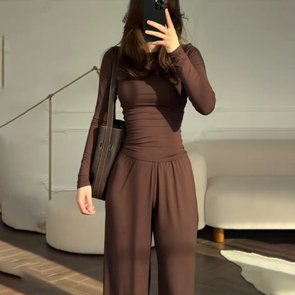 Womens Elastic Waist Wide-Leg Pants Set