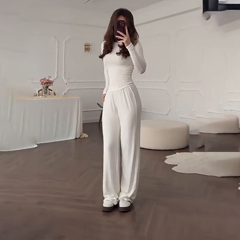 Womens Elastic Waist Wide-Leg Pants Set