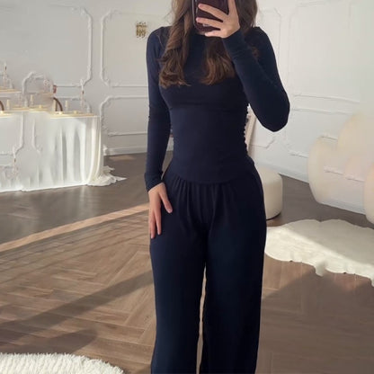 Womens Elastic Waist Wide-Leg Pants Set