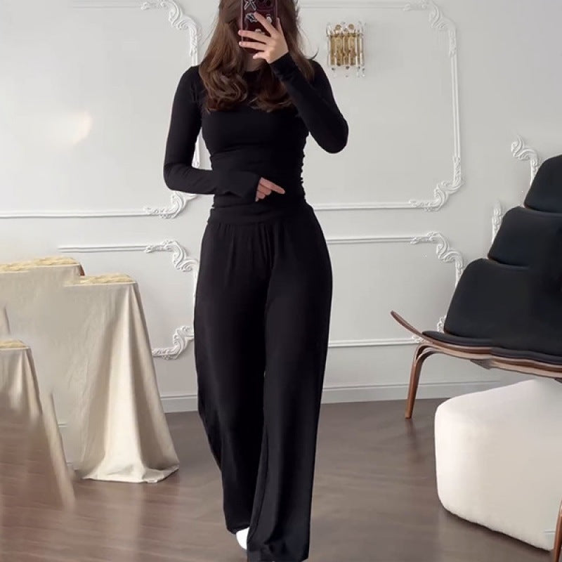 Womens Elastic Waist Wide-Leg Pants Set