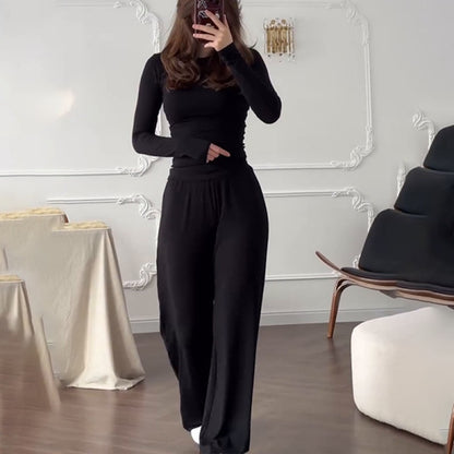 Womens Elastic Waist Wide-Leg Pants Set