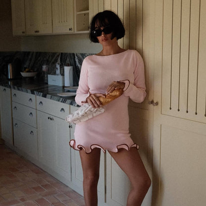 Womens Elegant Crewneck Long Sleeve Slim Fit Ruffled Dress