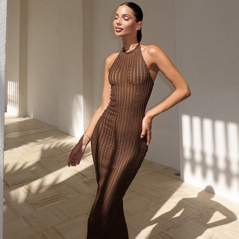Womens Elegant Halter Neck Knitted Dress