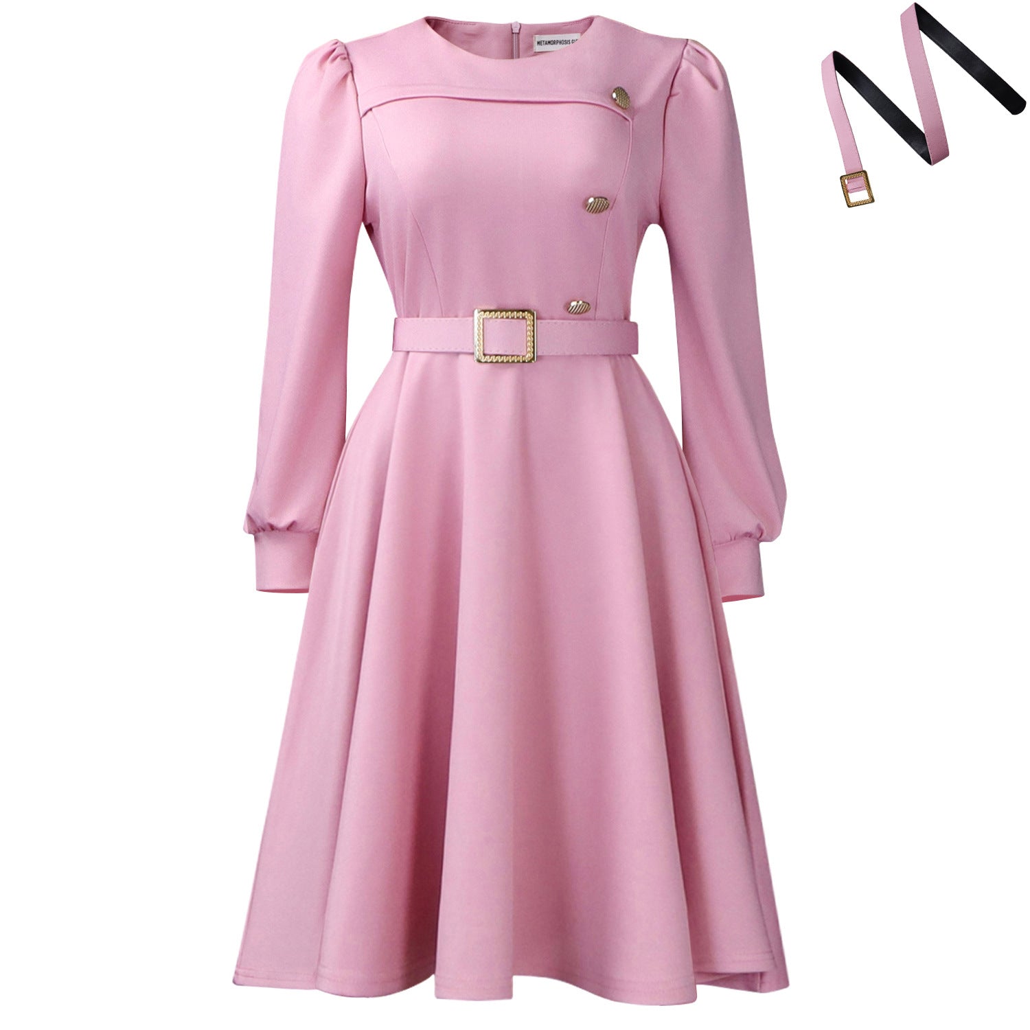 Womens Elegant Round Neck Long Sleeve High Waist A-Line Dress
