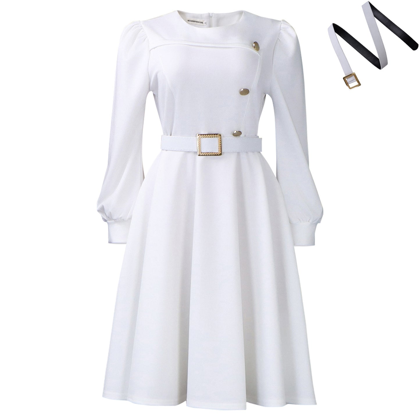 Womens Elegant Round Neck Long Sleeve High Waist A-Line Dress