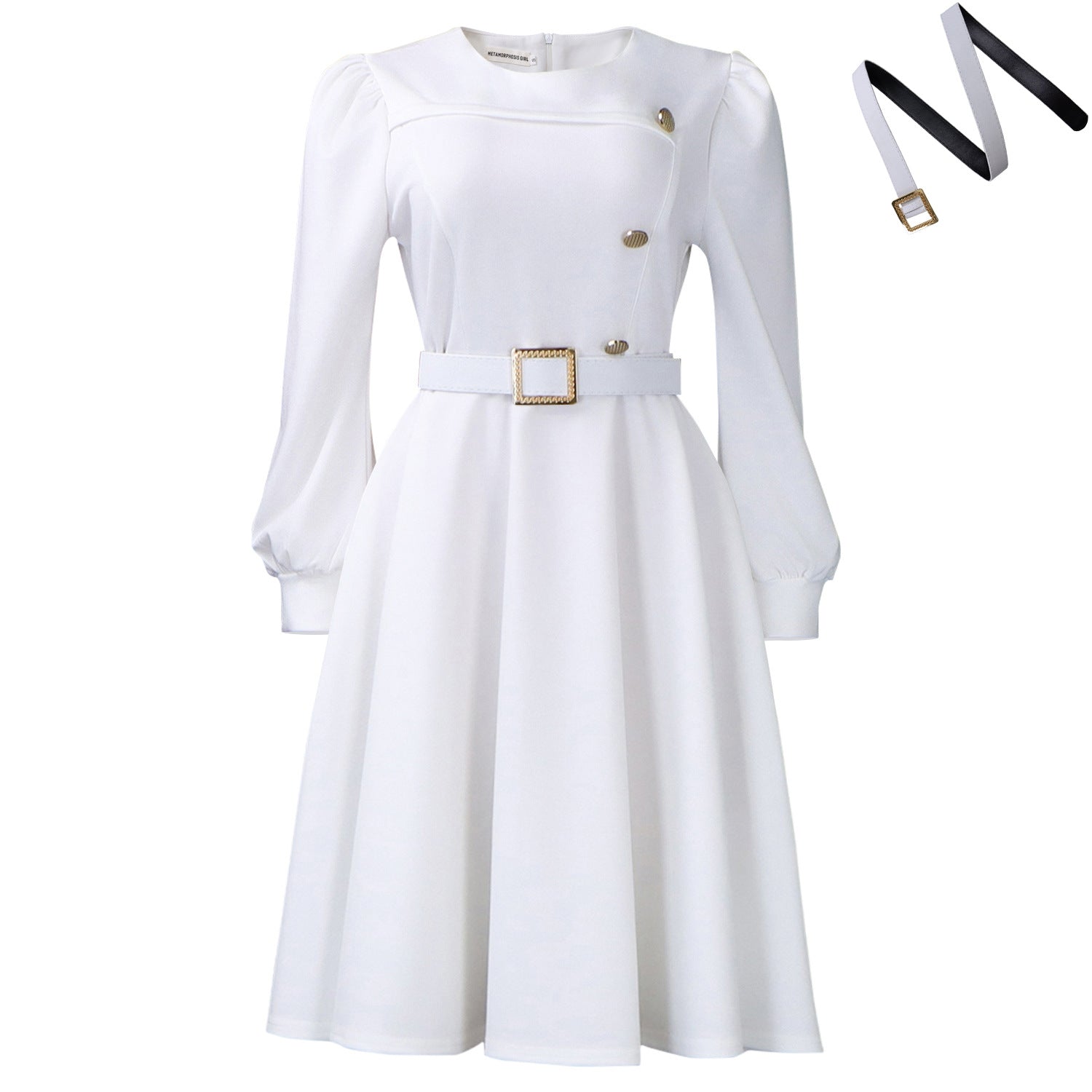 Womens Elegant Round Neck Long Sleeve High Waist A-Line Dress