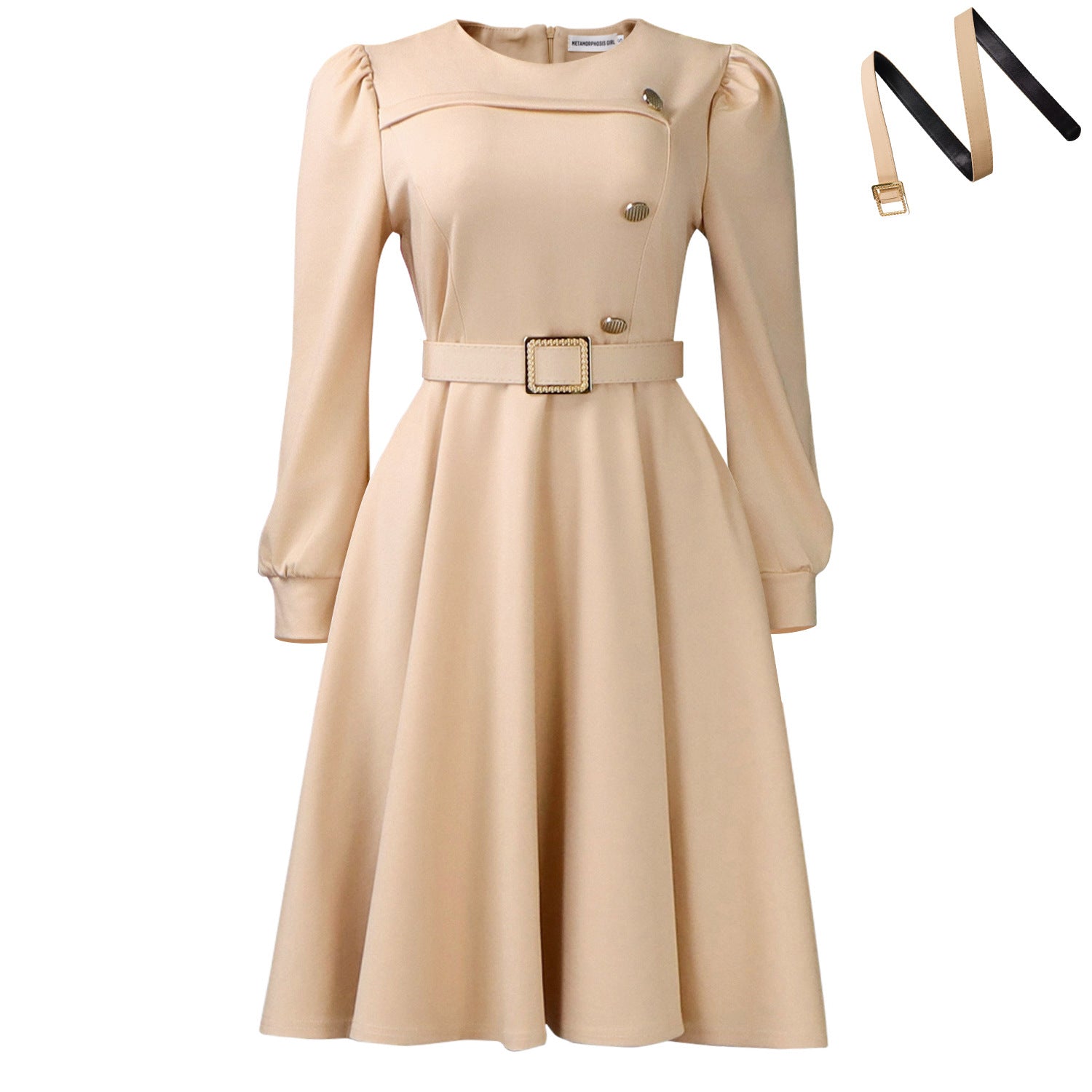 Womens Elegant Round Neck Long Sleeve High Waist A-Line Dress
