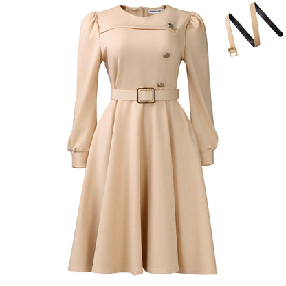 Womens Elegant Round Neck Long Sleeve High Waist A-Line Dress