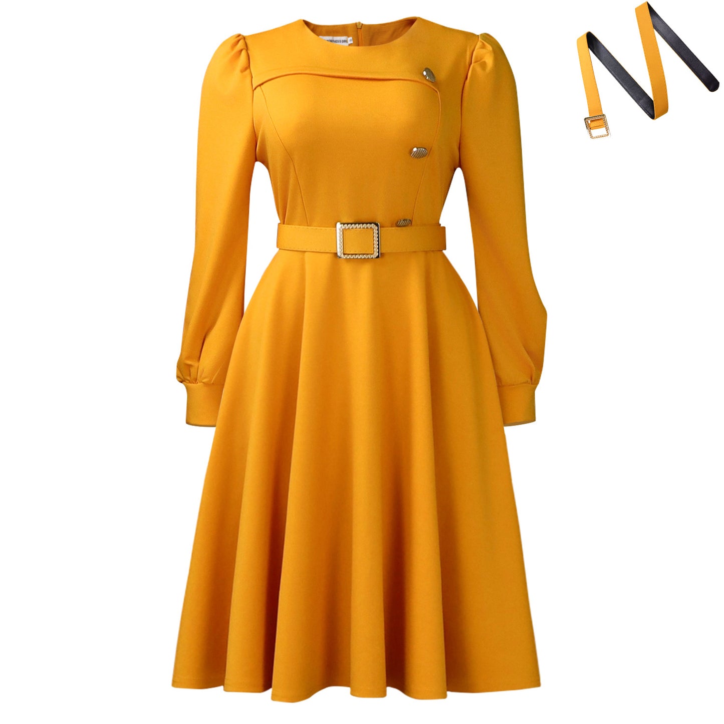 Womens Elegant Round Neck Long Sleeve High Waist A-Line Dress
