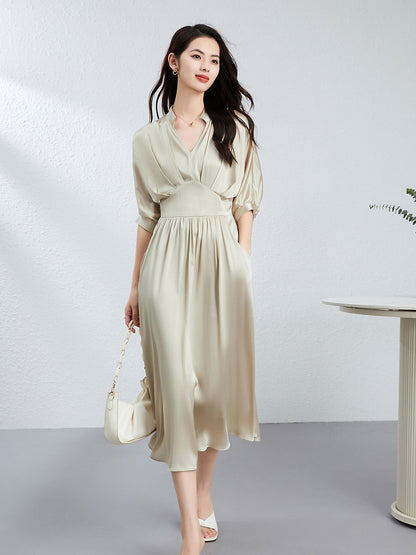 Womens Elegant Silk V-neck Dress