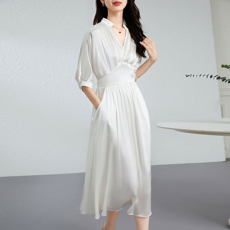 Womens Elegant Silk V-neck Dress