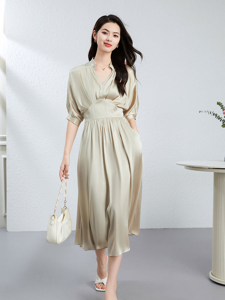 Womens Elegant Silk V-neck Dress
