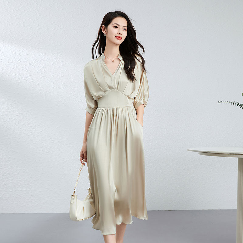 Womens Elegant Silk V-neck Dress