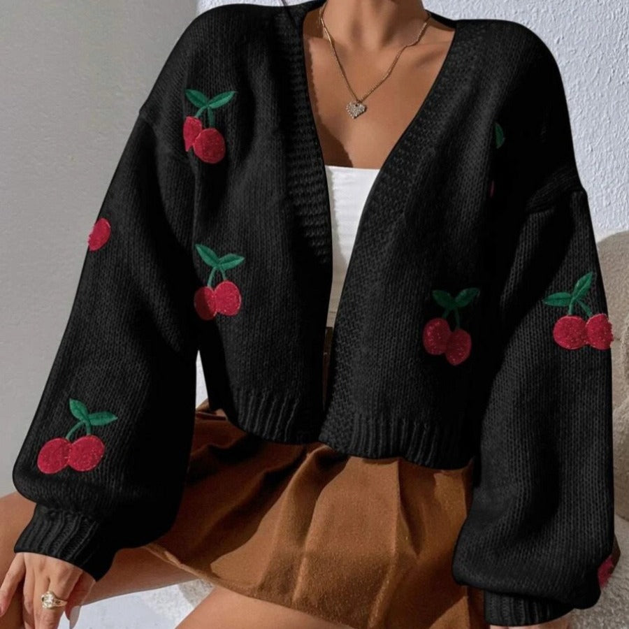 Womens Embroidered Cherry Cardigan