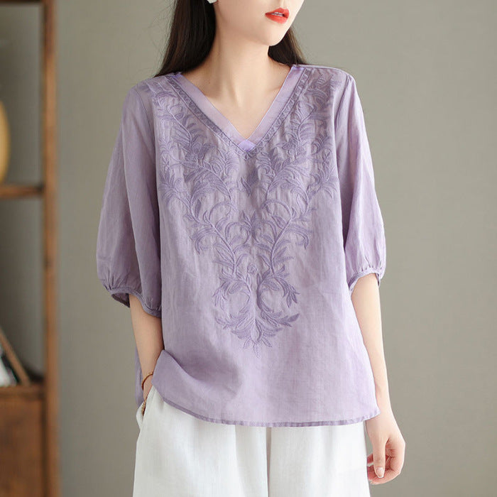 Womens Embroidered Cotton Linen Shirt