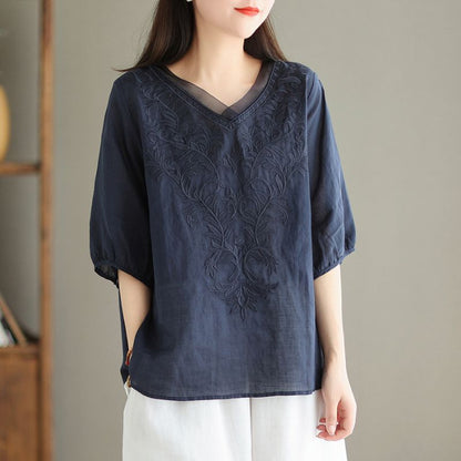 Womens Embroidered Cotton Linen Shirt