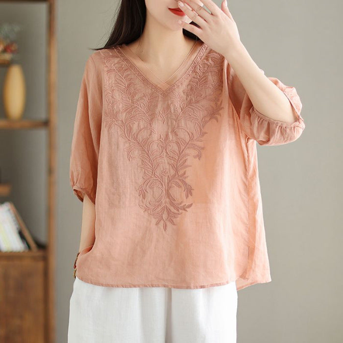 Womens Embroidered Cotton Linen Shirt