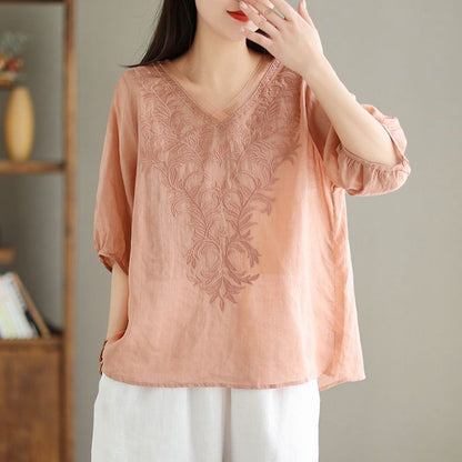 Womens Embroidered Cotton Linen Shirt