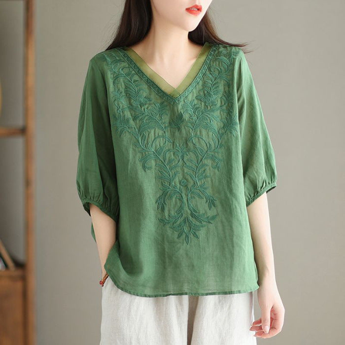 Womens Embroidered Cotton Linen Shirt