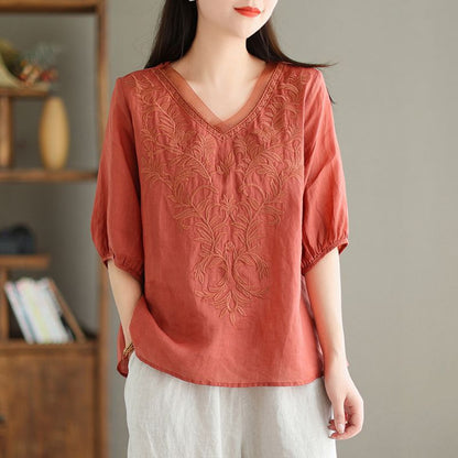 Womens Embroidered Cotton Linen Shirt
