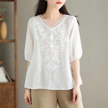 Womens Embroidered Cotton Linen Shirt