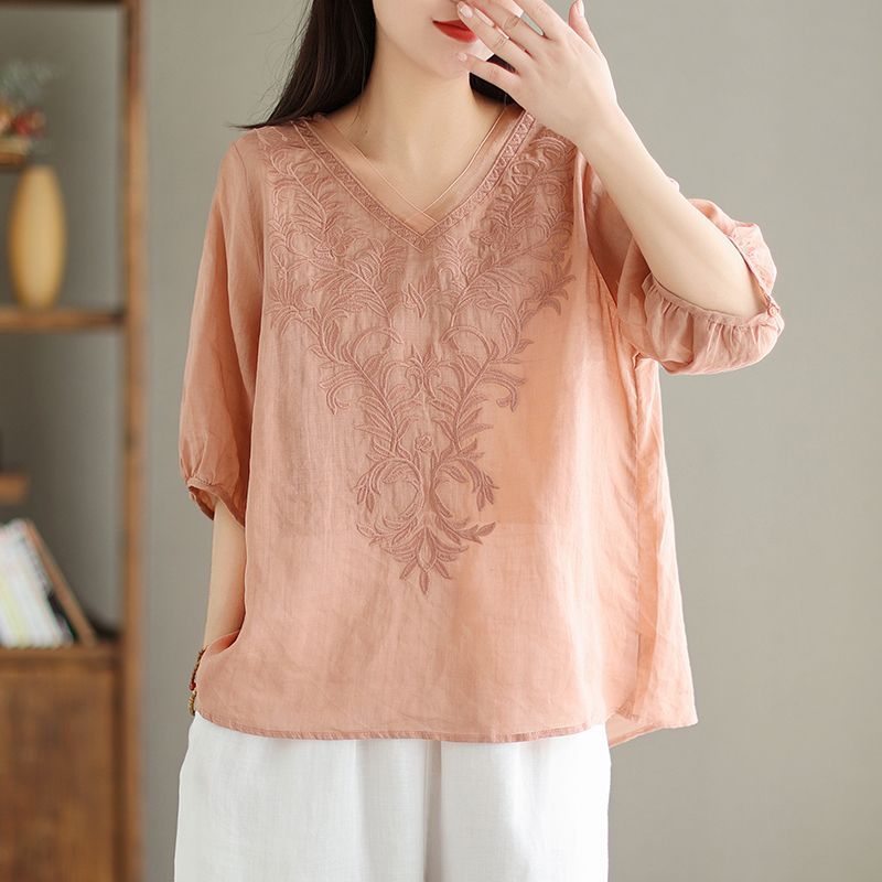 Womens Embroidered Cotton Linen Shirt