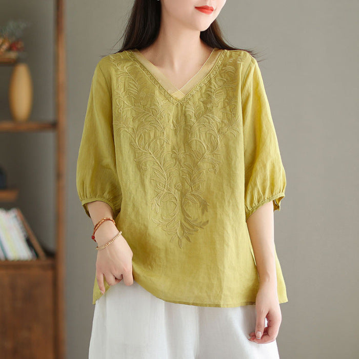 Womens Embroidered Cotton Linen Shirt