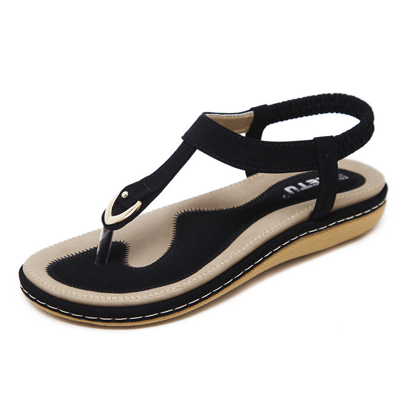Womens Embroidered Flat Sandals with Metal Buckle