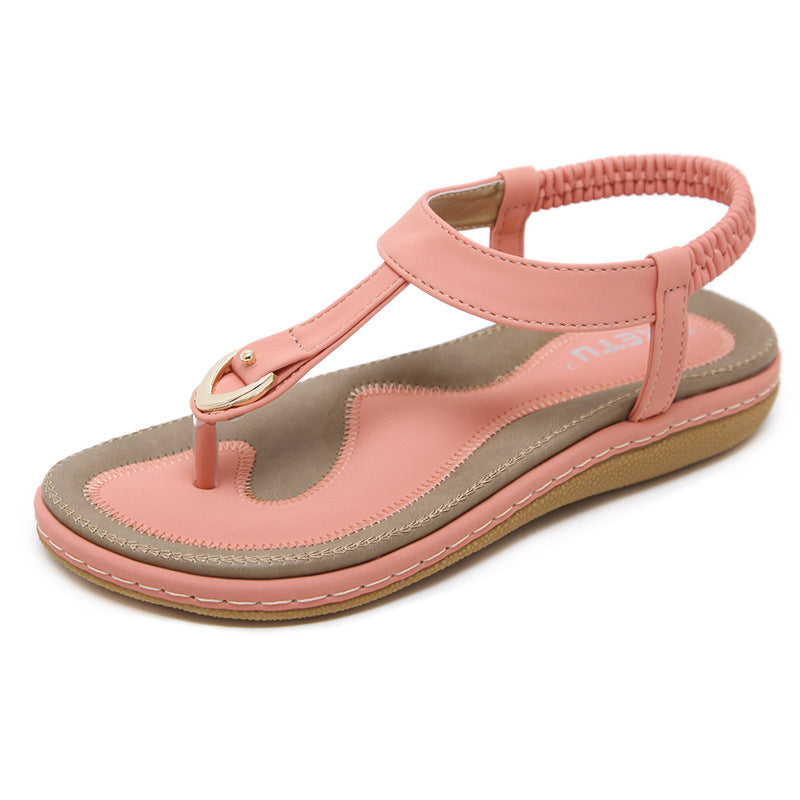 Womens Embroidered Flat Sandals with Metal Buckle