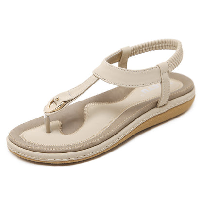 Womens Embroidered Flat Sandals with Metal Buckle