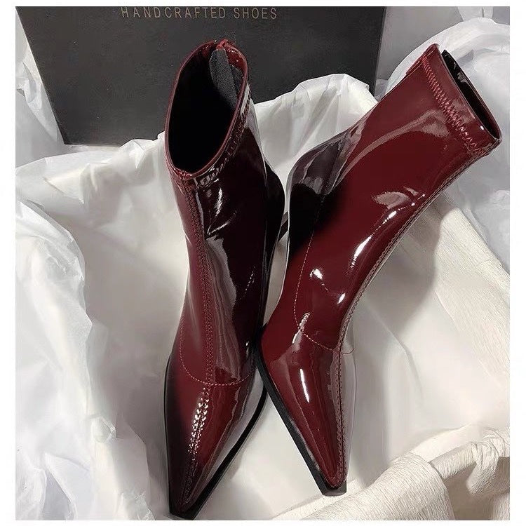 Womens Fashion Pointed Toe Patent Leather Stiletto Heel Chelsea Boots