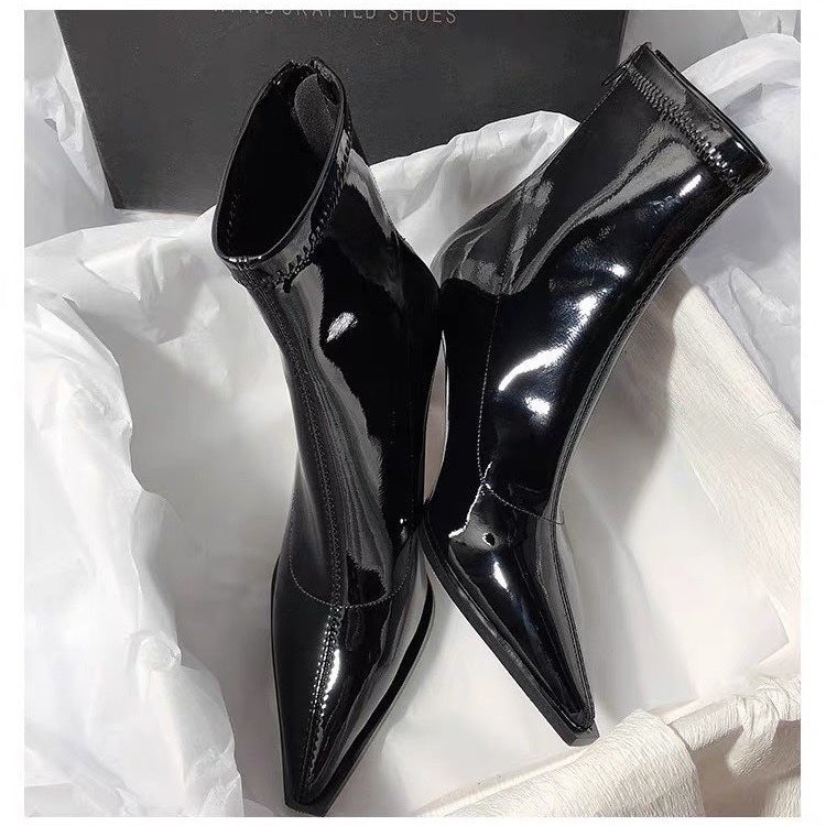 Womens Fashion Pointed Toe Patent Leather Stiletto Heel Chelsea Boots