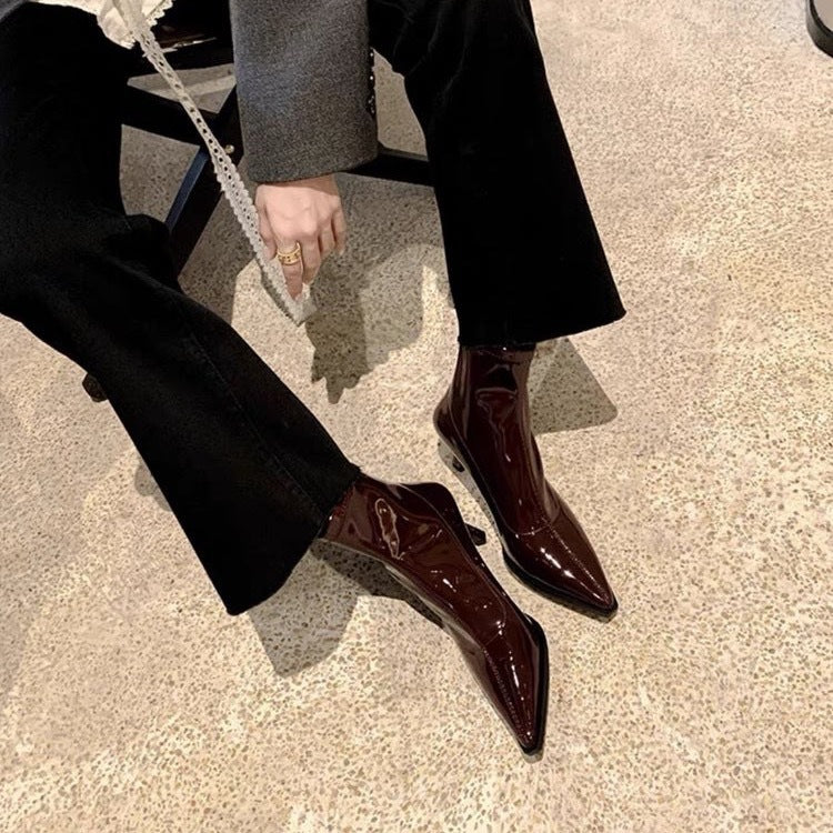 Womens Fashion Pointed Toe Patent Leather Stiletto Heel Chelsea Boots